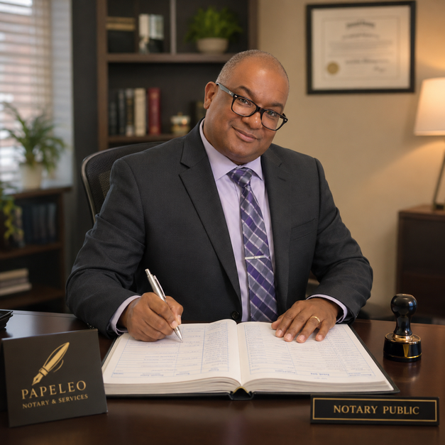 Portrait of Ronald William Scott signing a notary journal